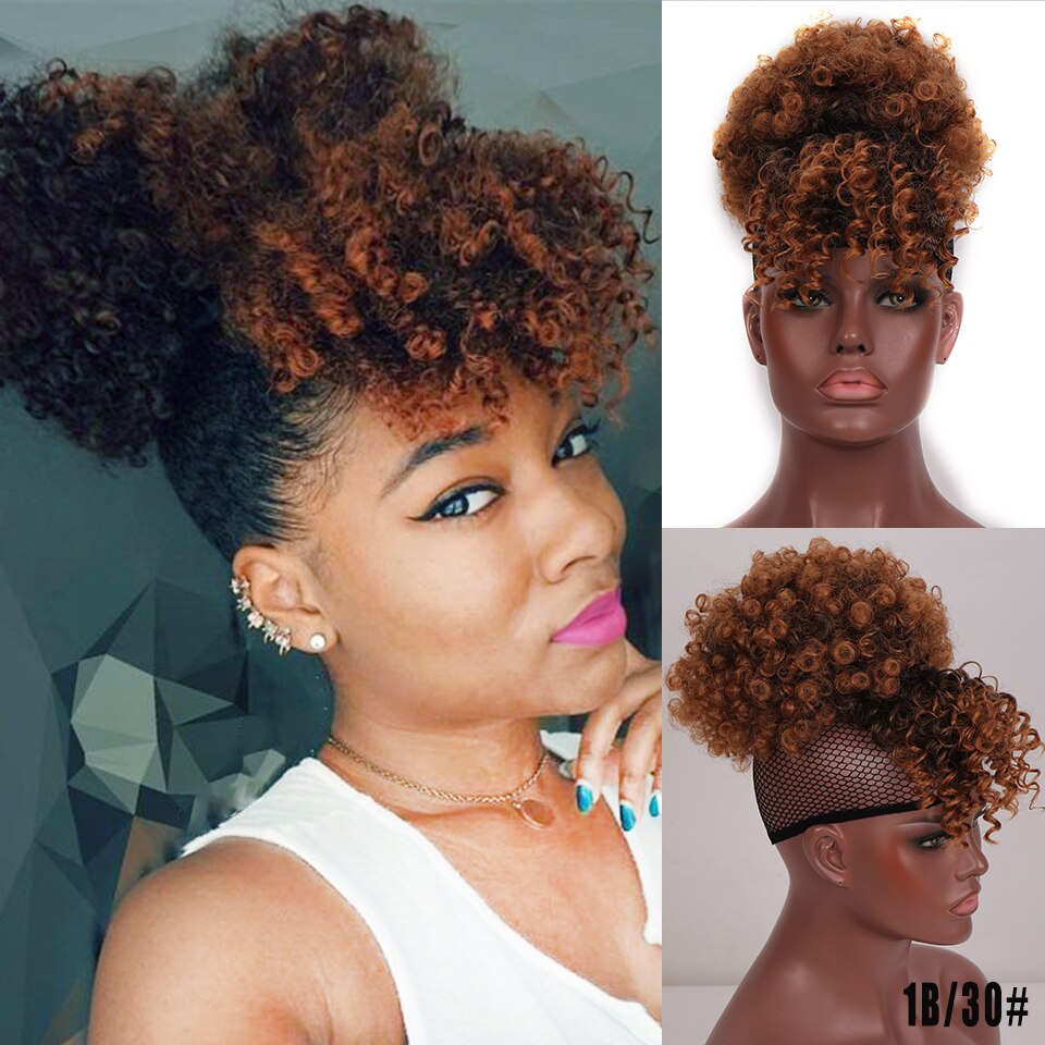 LUPU Synthetic Hair Bun High Puff Afro Kinky Curly Chignon Clip In Hair Extension Drawstring Ponytail With Bangs Heat Resistant: 1BT30