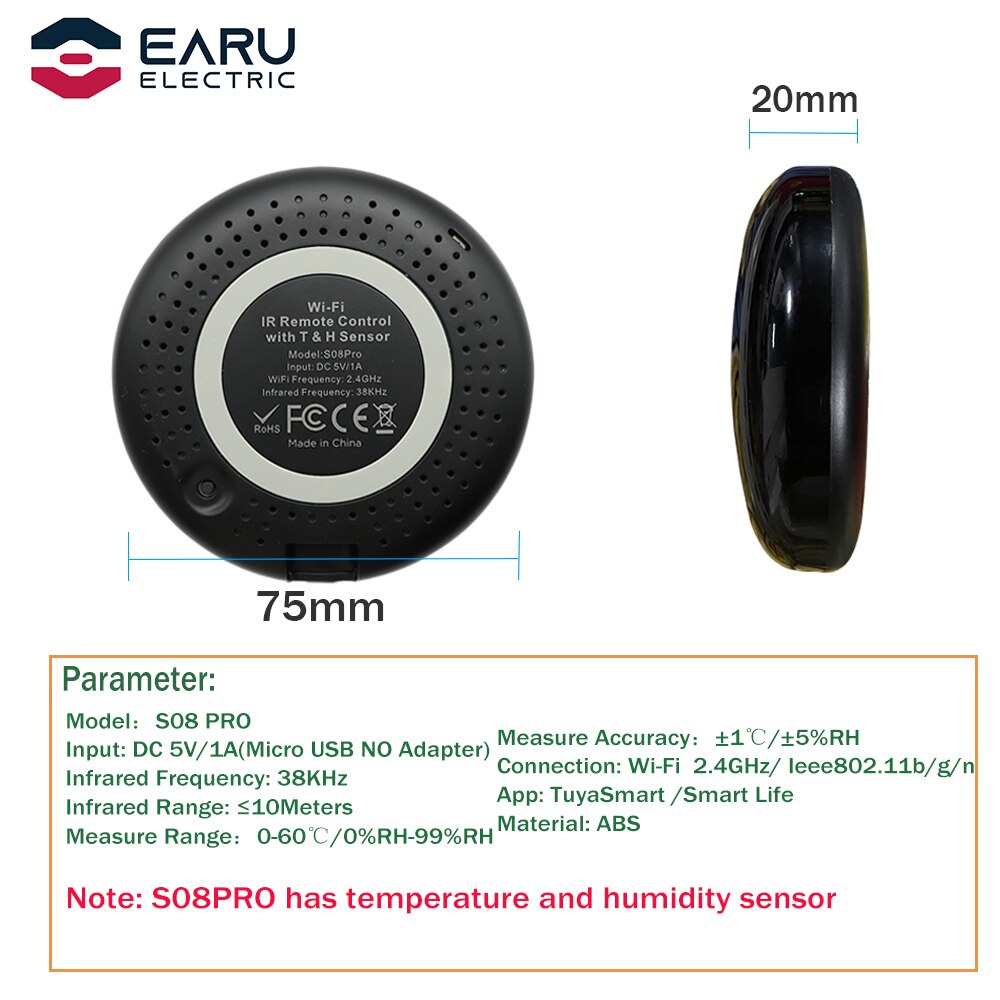 Tuya Smart IR Remote Control Built-in Temperature and Humidity Sensor for Air Conditioner TV DVD AC Works with Alexa Google Home