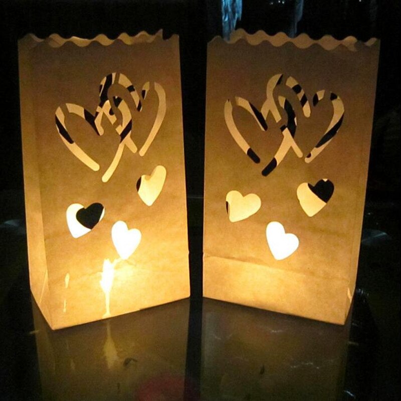 Lote de 20 unidades de portalámparas de té de doble Corazón, faroles de papel, bolsa de velas para decoración de fiestas navideñas o bodas