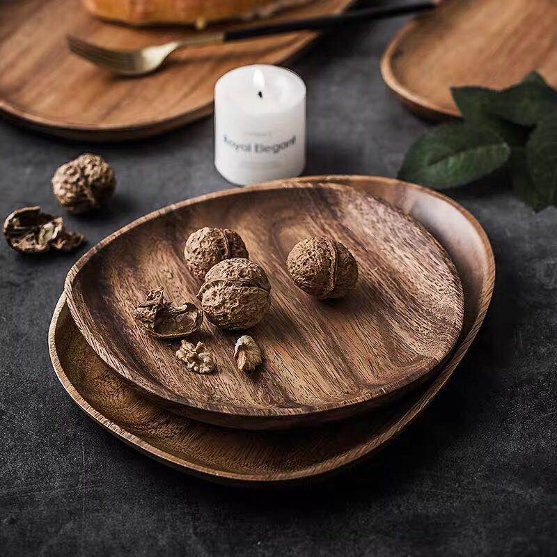 Round Square Wood Plate Breakfast Bread Plate Saucer Tea Tray Dessert Dinner Plate Tableware Whole Wood Fruit Dishes
