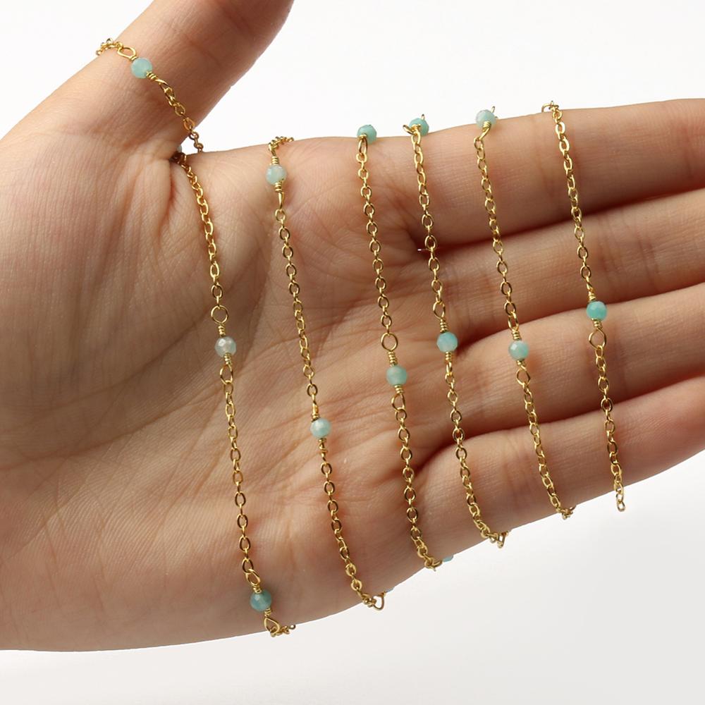 Gold Plated Stainless Steel Wire Wrapped Rosary Chain Stone Bead Chains for Jewelry Making DIY Bracelet Findings 1m/lot: amazonite