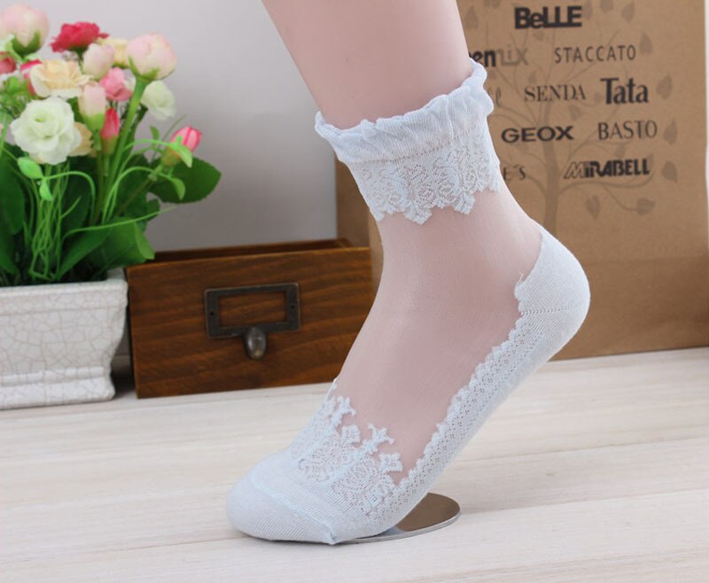 Calzini Donna Caviglia - Volantino Pizzo - Rete Cotone Trasparente - Morbidi e Traspiranti per Yoga & Fitness