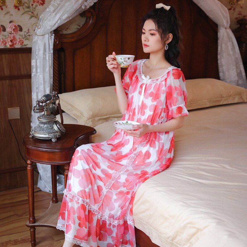 Short Sleeve Nightdress Women&#39;s Summer Palace Style Princess Mesh Lace Printing Long Outdoor Home Wear Pajamas Spring