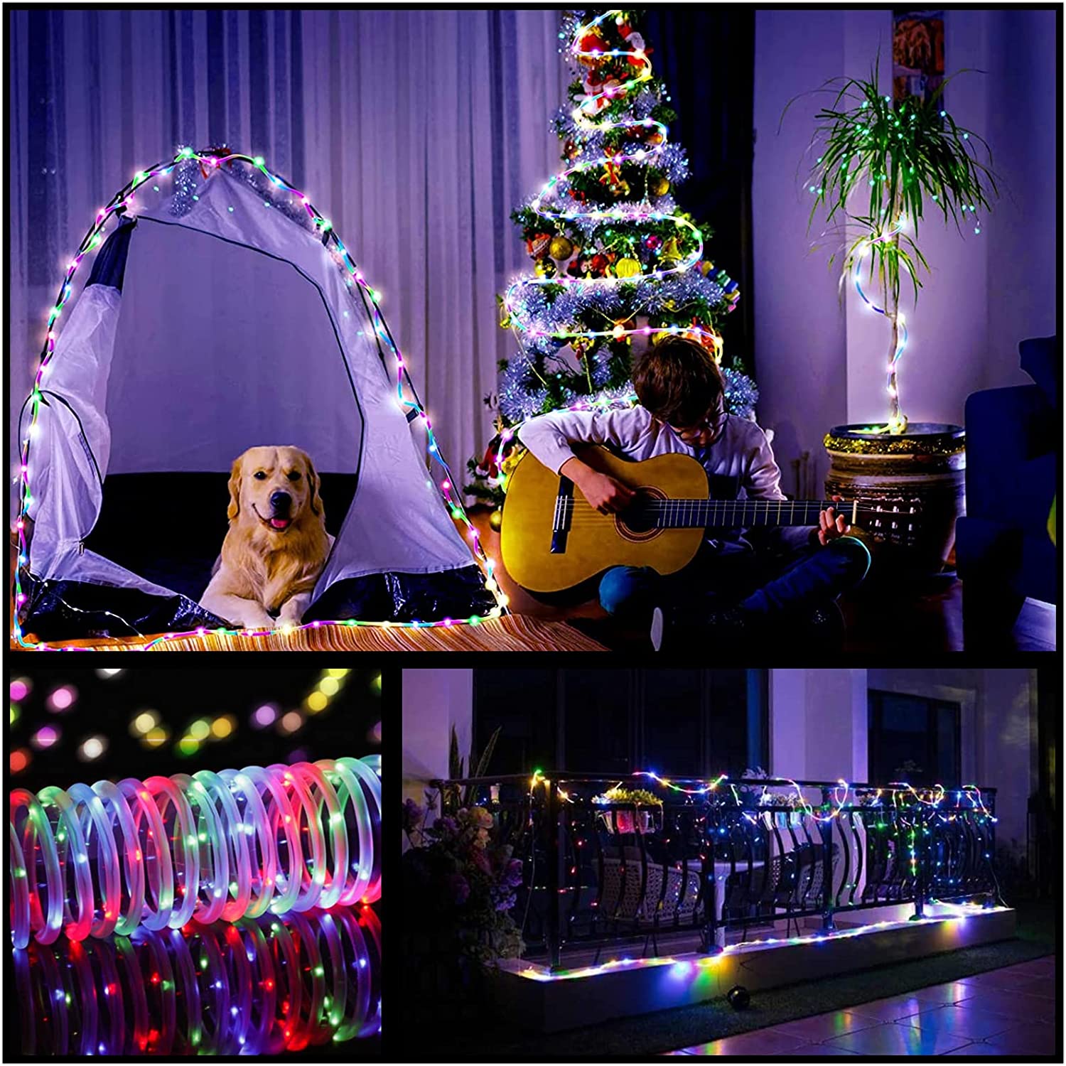 Guirnalda de Año , tubo LED, luces de hadas de cuerda, guirnalda impermeable con pilas, 150 LED para decoración navideña interior y exterior