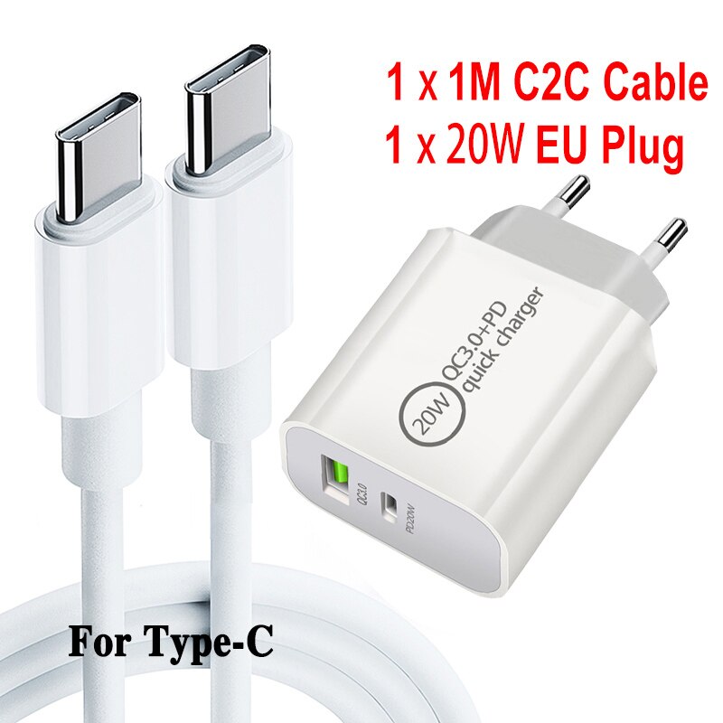 USB fast charge plug PD 5V3A 9V2A QC3.0 Mobile phone tablet charge cable For UK/AU/US/EU For iPhone/Type-C 20W Office charger: EU C2C