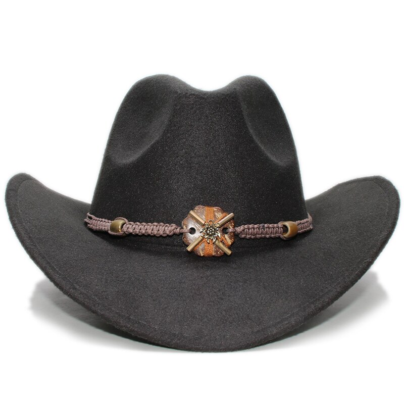 Sombrero de vaquero de ala ancha para hombre y mujer, gorro de lana de estilo Vintage, estilo occidental, Formal, con lazo, banda de cuentas de punto de madera, 61cm, talla grande: Negro