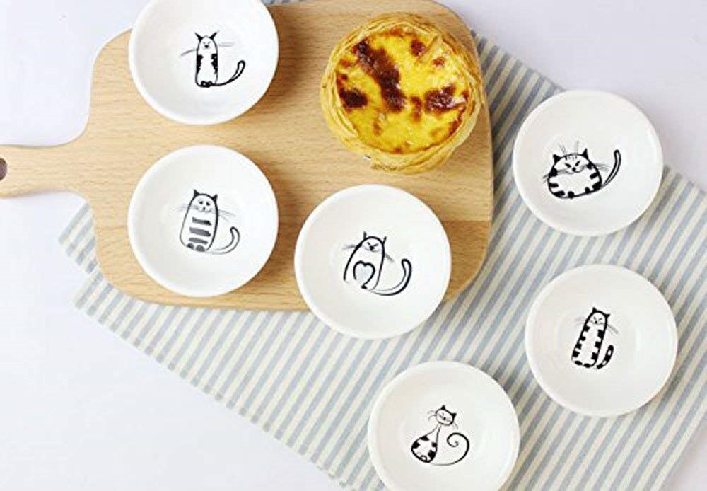 Cuenco redondo de cerámica para gatos, plato pequeño para condimentos, vinagre, mantequilla, salsa, sal, aperitivos, utensilios de cocina, 6 uds.