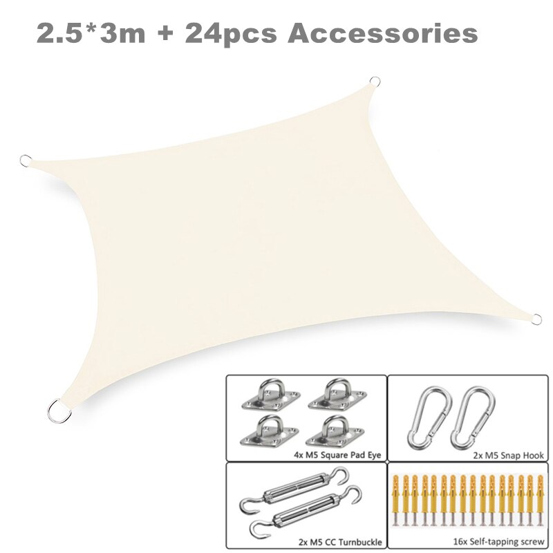 Waterproof Sun Shade Sail &amp; 24Pcs Accessories Set Outdoor Awnings Garden Patio Pool Canopy Sun-shelter Rectangle Shade Sails: Beige 2.5x3 set