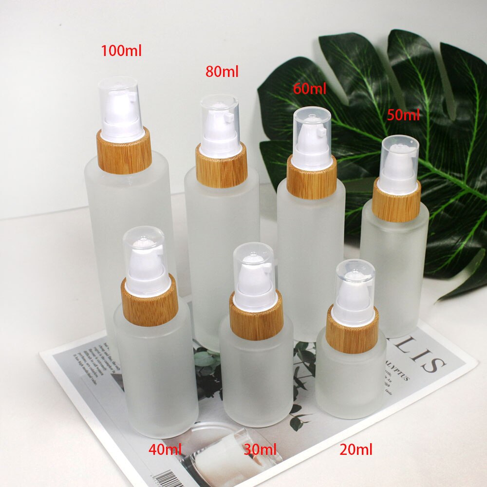 20ml gennemsigtige matteret glas lotion pumpe flaske kosmetisk naturligt træ bambus hætte spray emballage beholder
