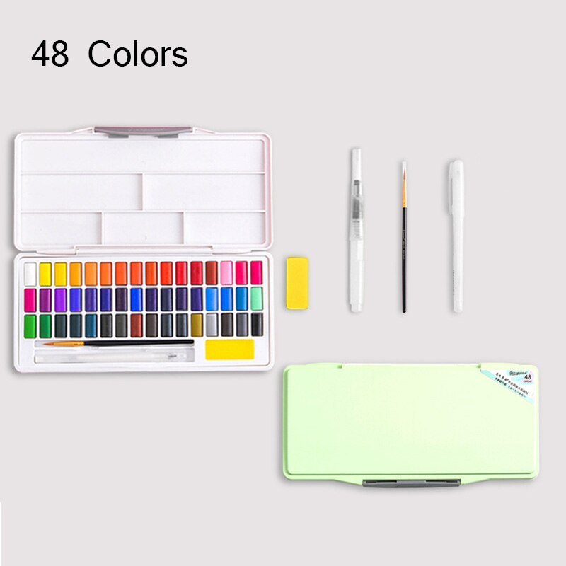 Giorgione Solid Watercolor Pigments Set 24/36/48 Colors Student Portable With Water Brush Hook Pens School Painting Art Supplies: 48-Green
