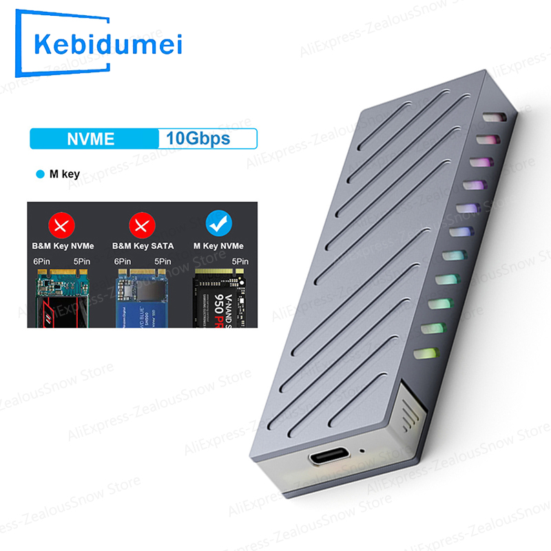 M.2 SSD Case 10Gbps M.2 SATA/NVMe Dual Protocol SSD Adapter SSD To USB 3.1 External Enclosure for NVME PCIE NGFF SATA RGB Box: Gold