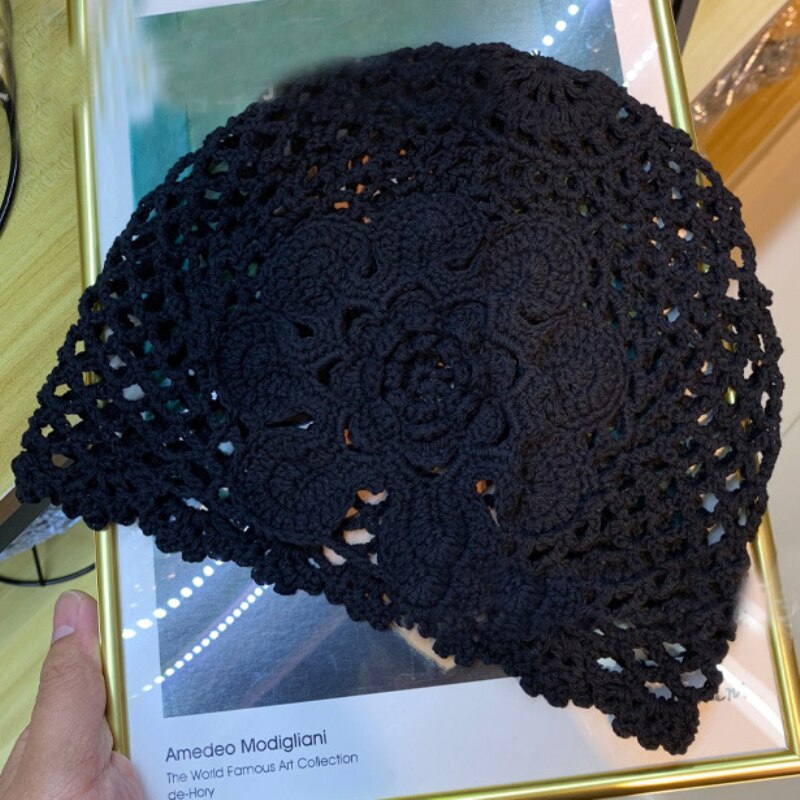 Bonnet à fleurs pour femmes, chapeau Vintage, tricot, Crochet, bonnet à fleurs pour femmes, rétro, pour printemps et été, HT3166: Black
