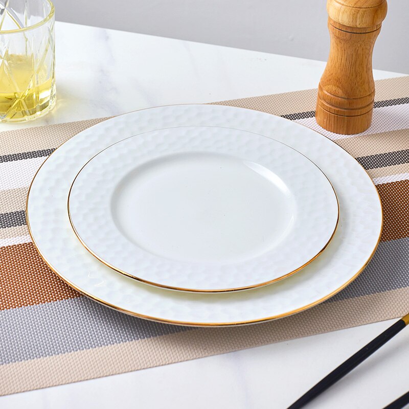 Ceramic Flat Steak pasta Plate Round Dinner Plates Bone China White Tableware with Golden Rim Home Western High-end Dinner Plate