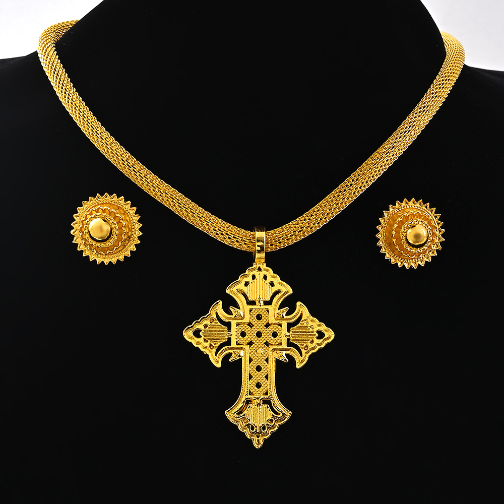 Saoedi-Arabië 24K Goud Kleur Ethiopië Vrouwen Sieraden Ketting Oorbel Afrikaanse Arabische Bruids Set Habesha Eritrea Party