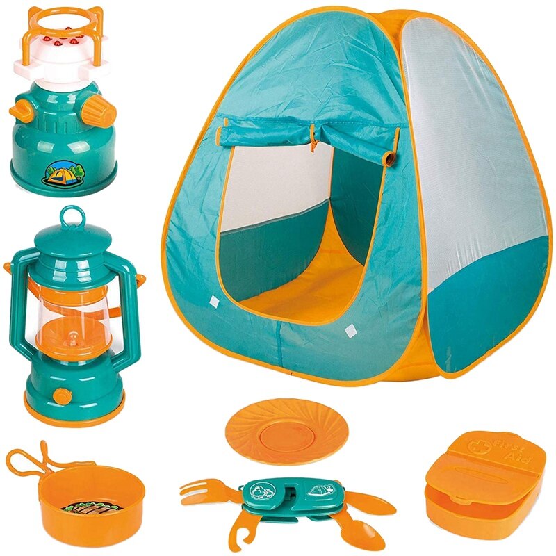 7 Pcs Kids Play Tent Bambini Fold Up Tenda del Gioco con Attrezzi Da Campeggio All'aperto Strumenti Giocattolo Set Per Bambini Giocattoli Genitore-bambino-Interazione bambino Set: Default Title