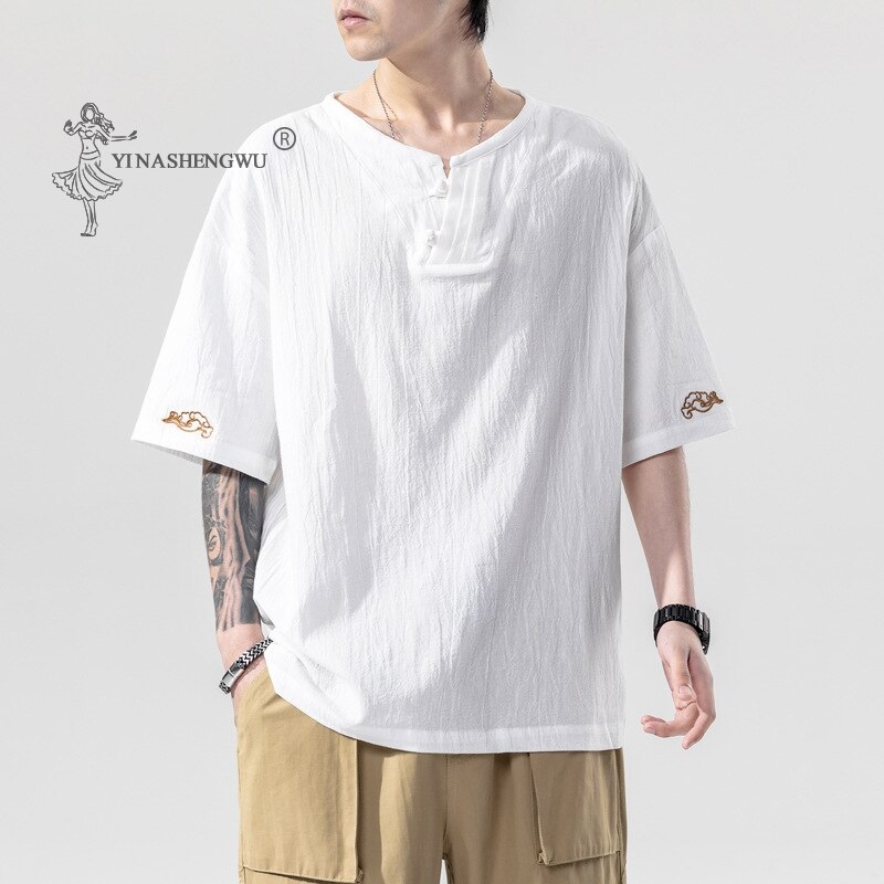 Japanse Kimono Korte Mouwen T-shirt Geborduurd Harajuku Yukata Japan Zomer Mannelijke Linnen Mannen Shirts Broek Aziatische Kostuum