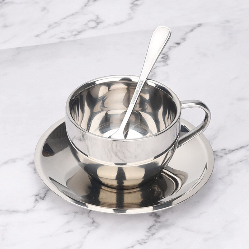 Nordic style stainless steel silver coffee cup set saucer 200ml porcelain coffee cup set tea milk drinking utensils