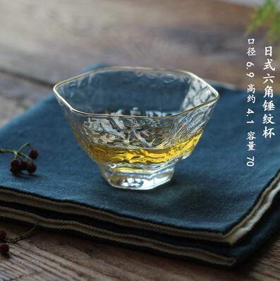Japanese Style Hexagonal Personal Cup Hammered Glass Gold Tea Cup Wine Glasses Small Single Cup Teacup with gold edge: 1