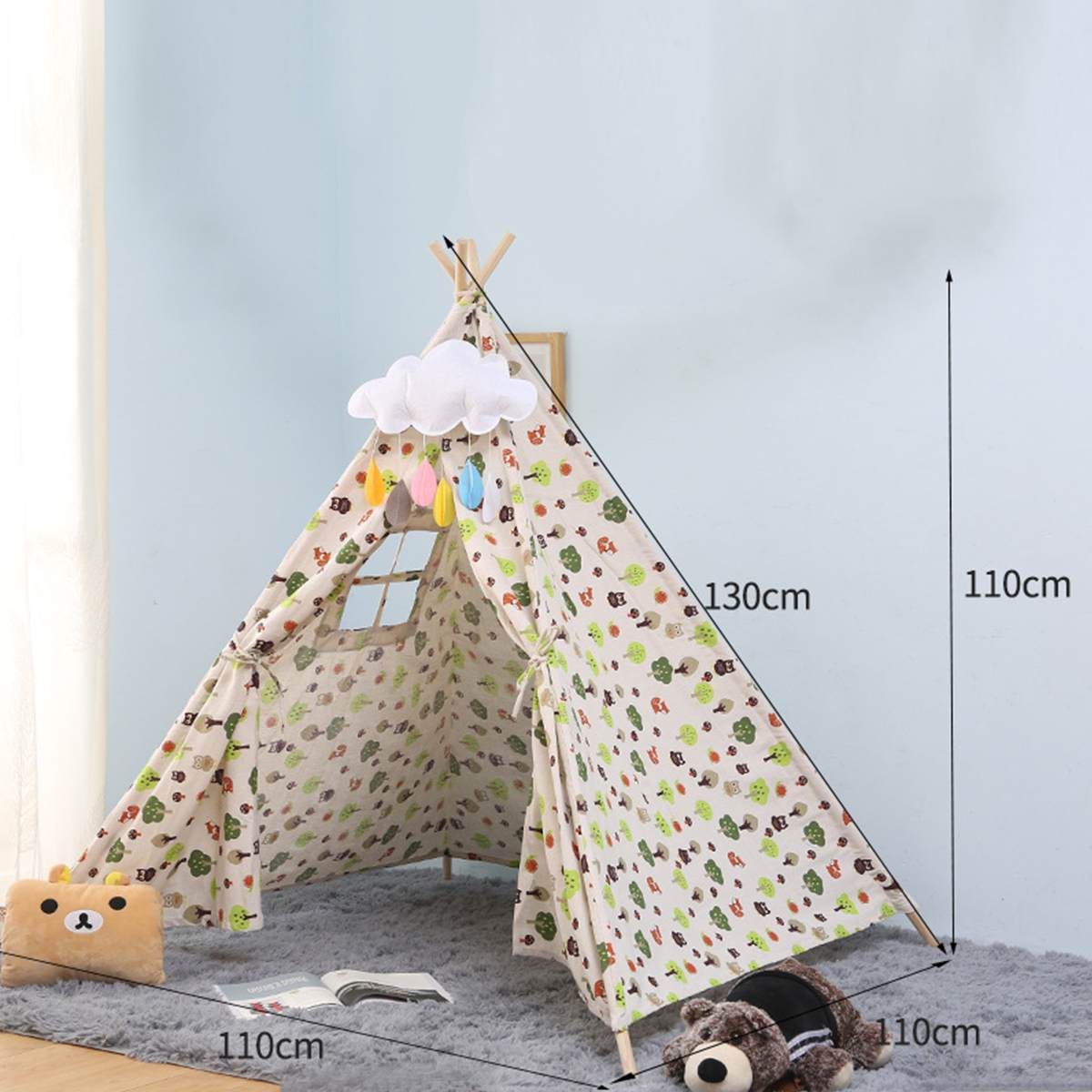 1.3m-Large Canvas Teepee Tent Kids Teepee Tipi with Grey Pom Poms Indian Play Tent House Children Tipi Tee Pee Tent NO MAT: Green Flower