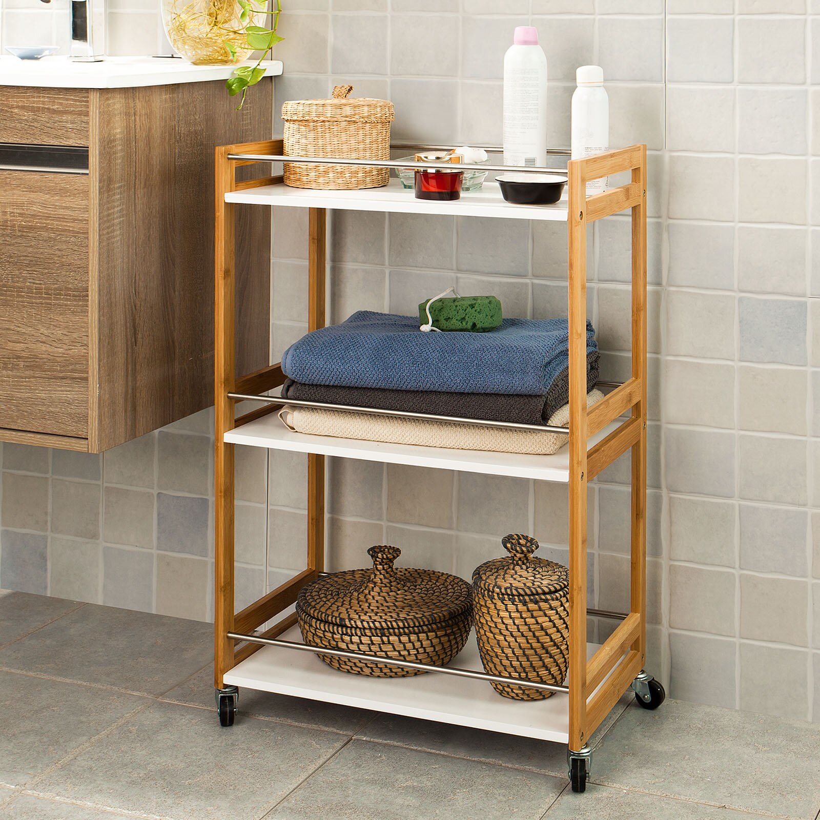 SoBuy® Carrito de server de bambú, Estanteria para nichos, Trolley de cocina, Estanterias de baño, FKW32-WN, ES