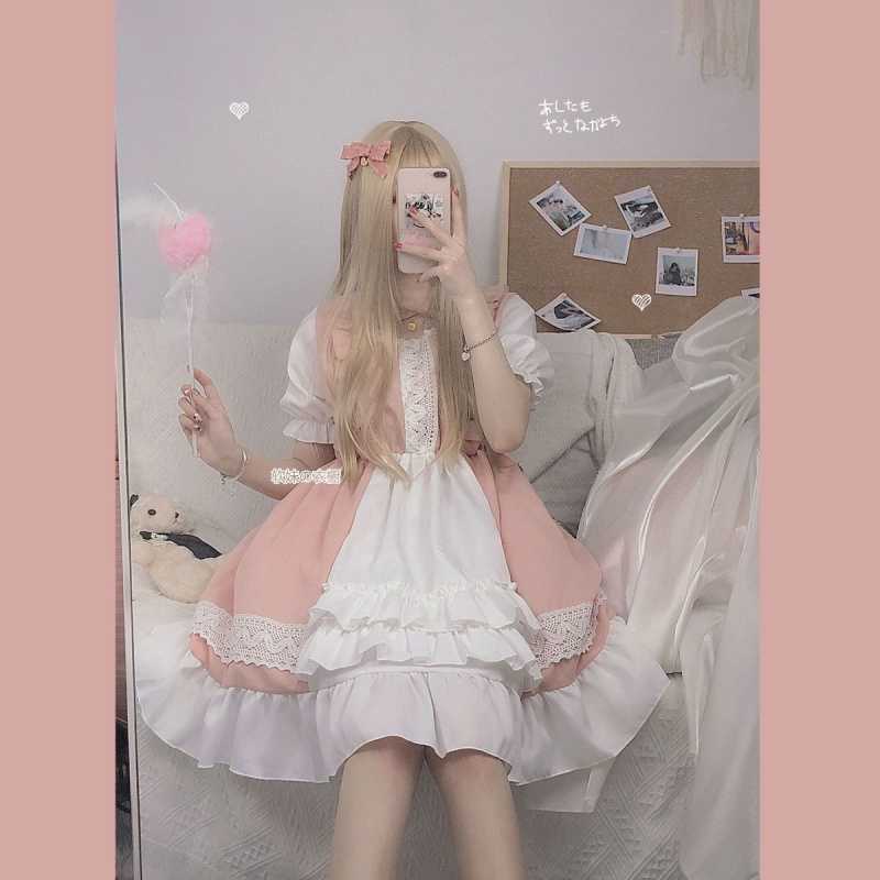 Vestido de mucama Kawaii Lolita, ropa gótica rosa para de cumpleaños, manga abombada, Harajuku japonés, con volantes y cordones, suave: pink