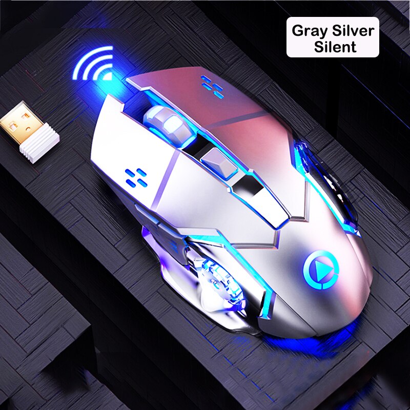 CHYCET Wireless Mouse Rechargeable Silent Gaming Mouse 1600 DPI LED Backlit 2.4G 7 Keys Computer Mouse For Laptop PC Gamer: A4 Gray