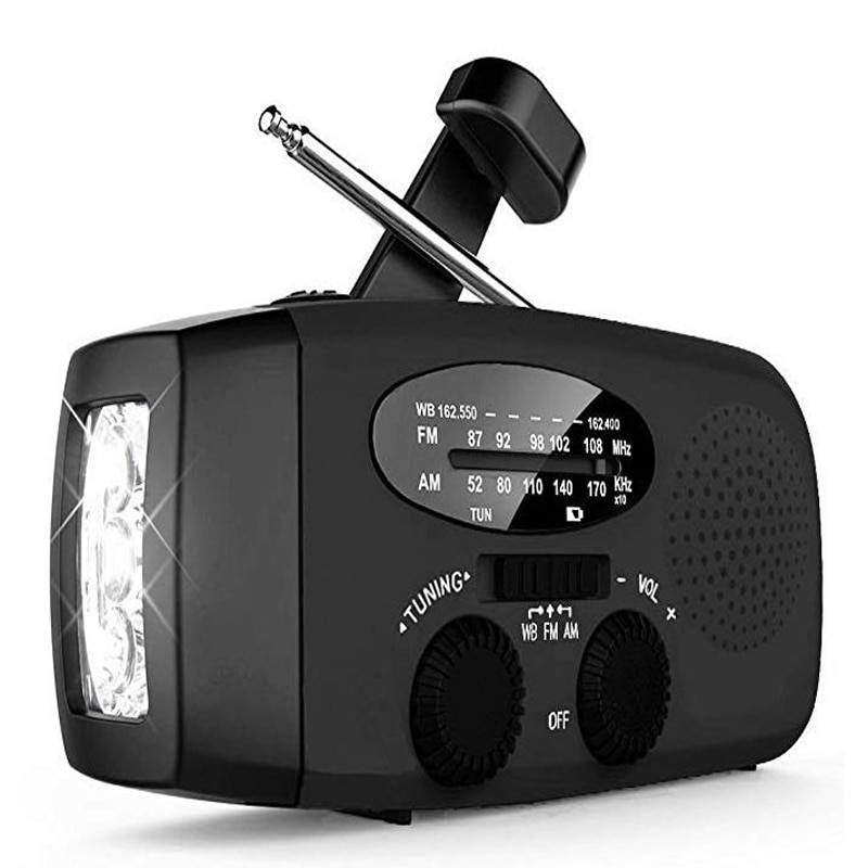 Opwindbare zonne-radio, noodradio met handzwengel, dynamo-radio met oplaadbare usb-telefoonlader, zaklamp voor noodgevallen