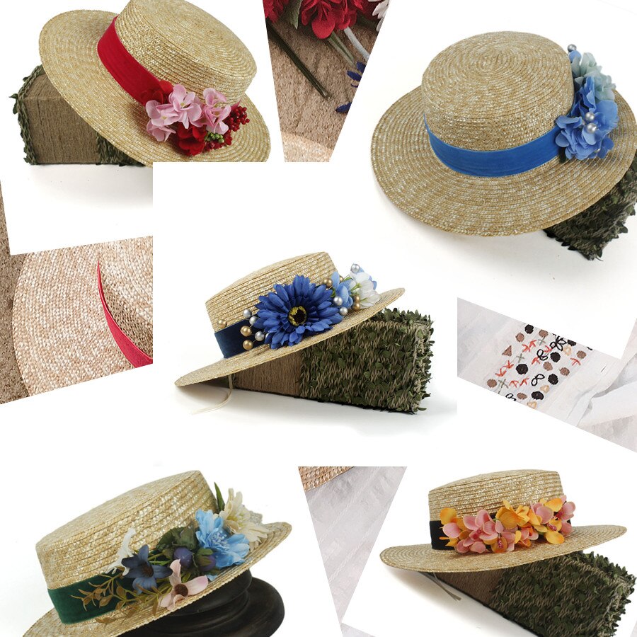 Sombrero de paja de trigo para mujer, gorro de sol plano con flor roja para playa, verano, , 100%