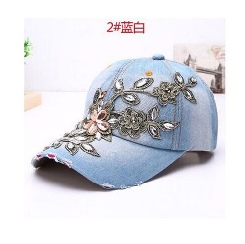 Delikate kvinder diamant blomst baseball cap sommer stil dame jeans hatte: 4