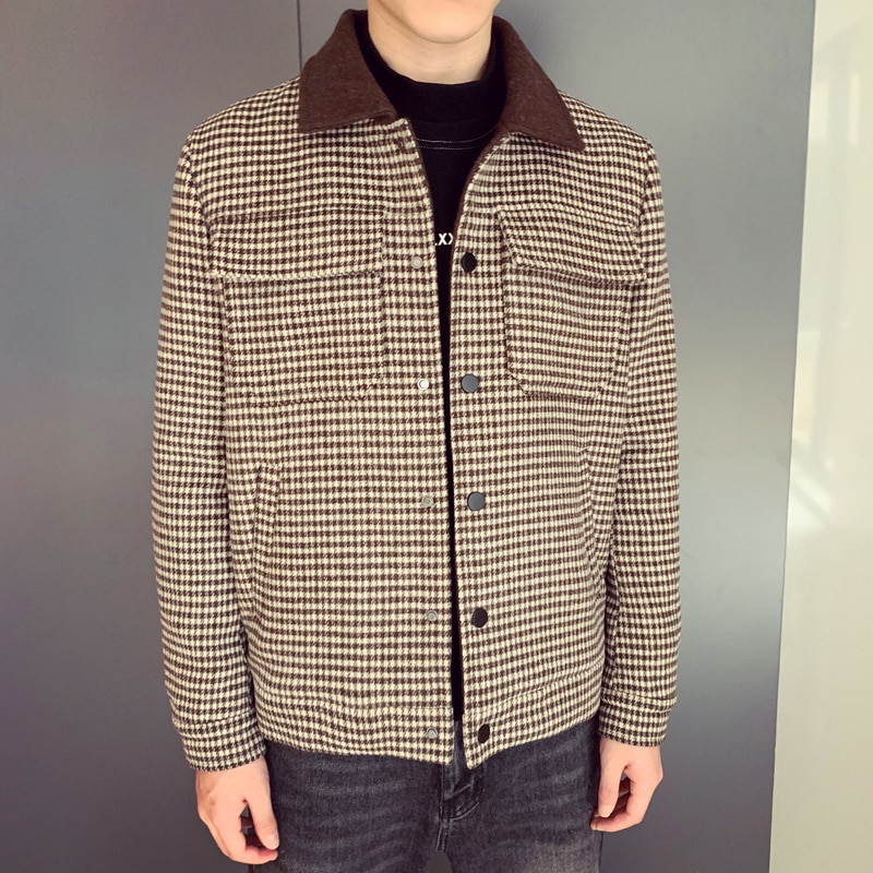 Efterår vinter frakke uld frakke grå kaffe plaid smart afslappet herre uld frakke england mellemlange frakker jakker slim fit mandlige