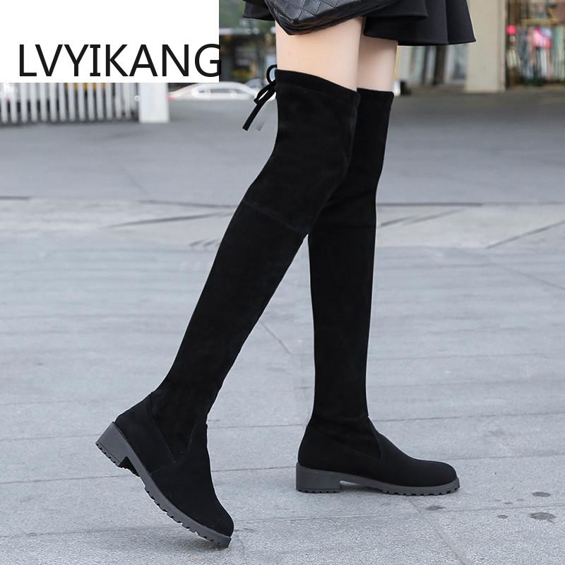 Bottes noires au dessus du genou pour femme, chaussures Sexy, cuissardes hautes, bout rond, automne hiver