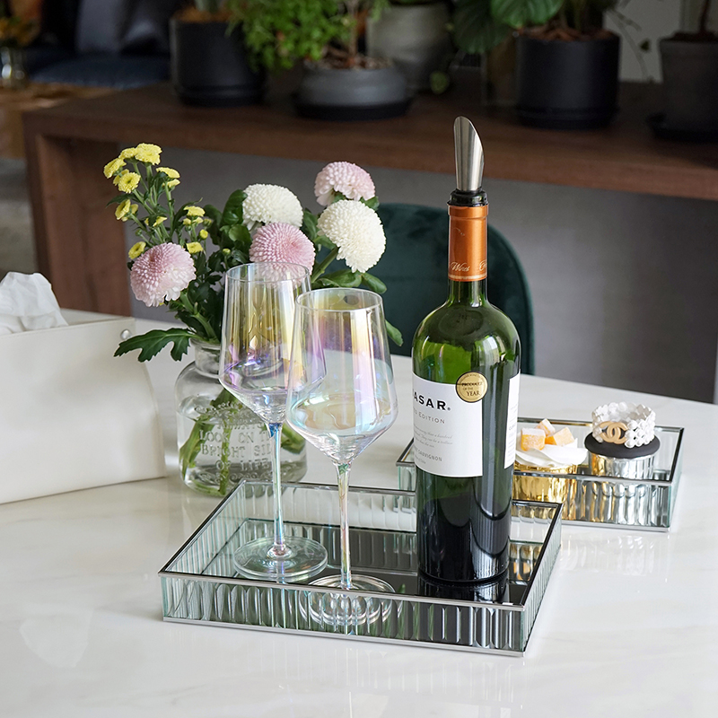 Sweetgo glas spejlbakke guld/slim/sort metalkant rødvintallerken dekoration opbevaringsbakke kageværktøj boligdekoration