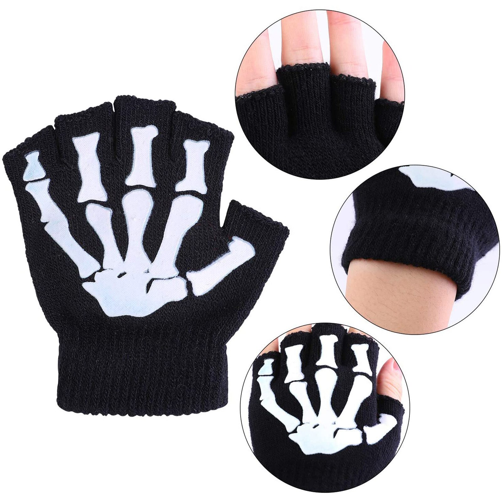 1/2/5 Pairs Kinderen Half Vinger Handschoenen Unisex Halloween Skelet Schedel Glow In The Dark Vingerloze Stretch Gebreide Winter mit