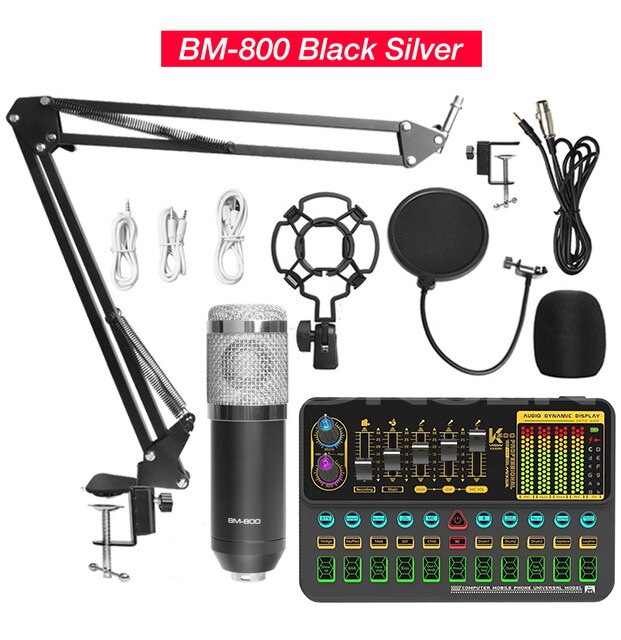 Condenser Microphone BM 800 Wireless Bluetooth V10 PRO Sound Card for PC Computer Phone Karaoke Live Singing Gaming: Silver BM800 V10XPRO