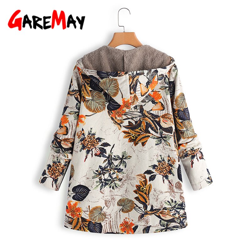 Chaqueta de mujer abrigo de peluche cazadora de invierno cálido prendas de vestir estampado Floral bolsillos con capucha Vintage abrigos de gran tamaño de talla grande # D