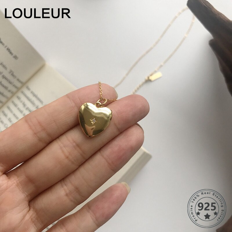 Louleur 925 スターリングシルバー光沢のあるゴールドハートネックレスジルコン高品質エレガントなペンダント女性の誕生日宝石類のギフト