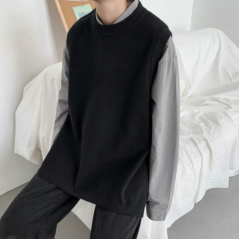 Sweater vest herre sort side-slids strikke ins trendy løs oversize herre solid outwear sweaters harajuku vintage bf