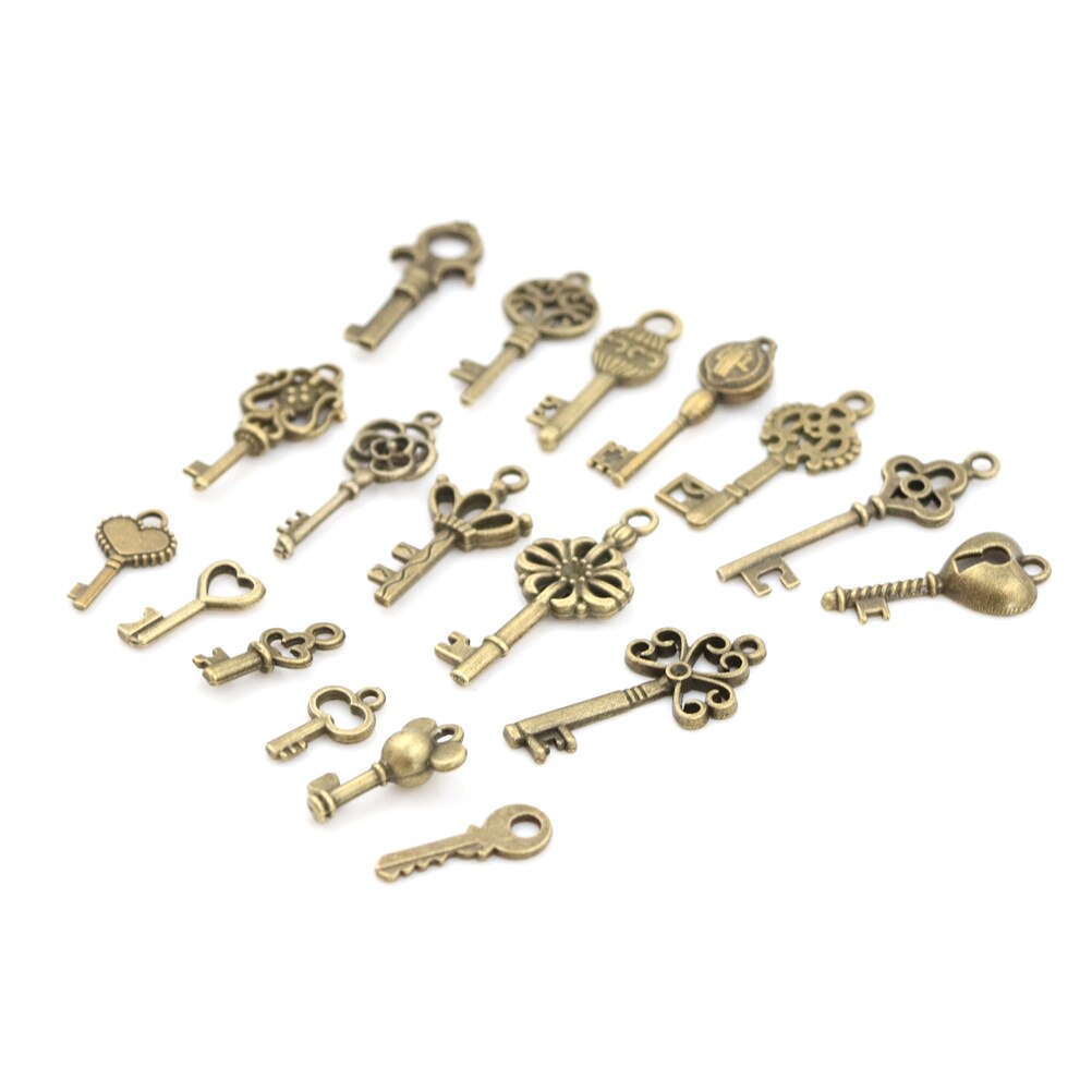 18pcs/sets Bronze Ornate Skeleton Keys Lot Antique Vintage Old Look Necklace Pendant Fancy Heart Decor DIY Craft