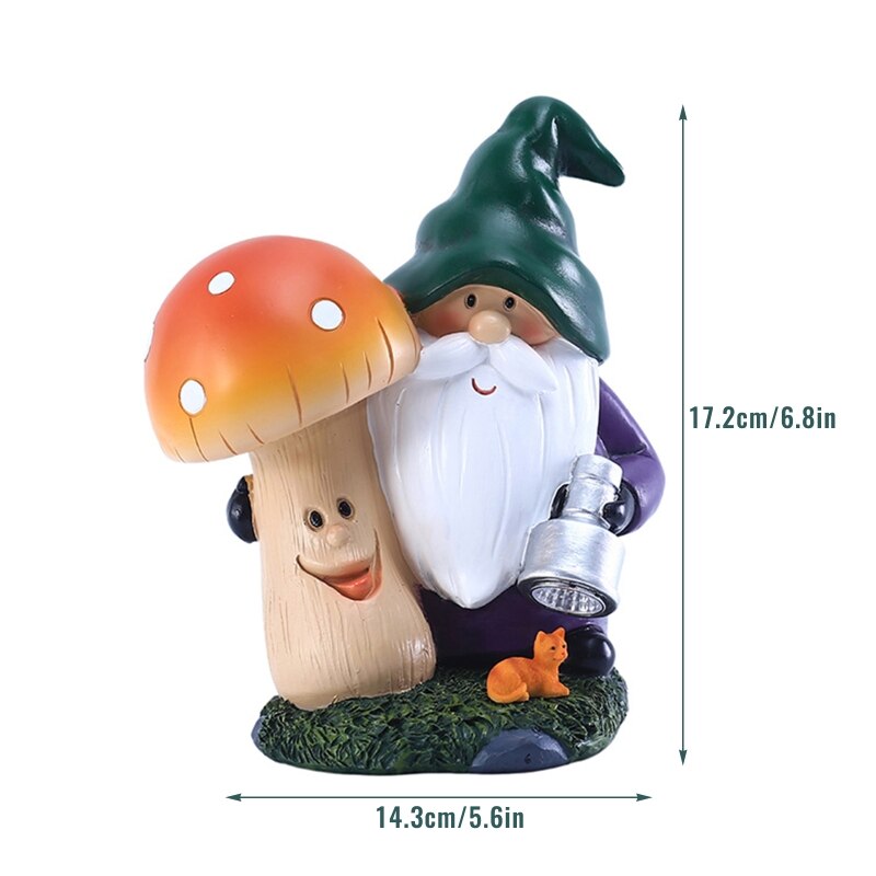 Garden Gnome Statue Outdoor Gnome Holding Mushroom Figurine Built-in Solar Light