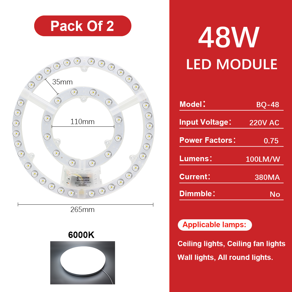 Panel Led de 220V, módulo Led de repuesto para luz de techo, tablero de Panel de luz circular redondo de 72W, módulo de 6000K/4000K para luces de ventilador de techo: YELLOW