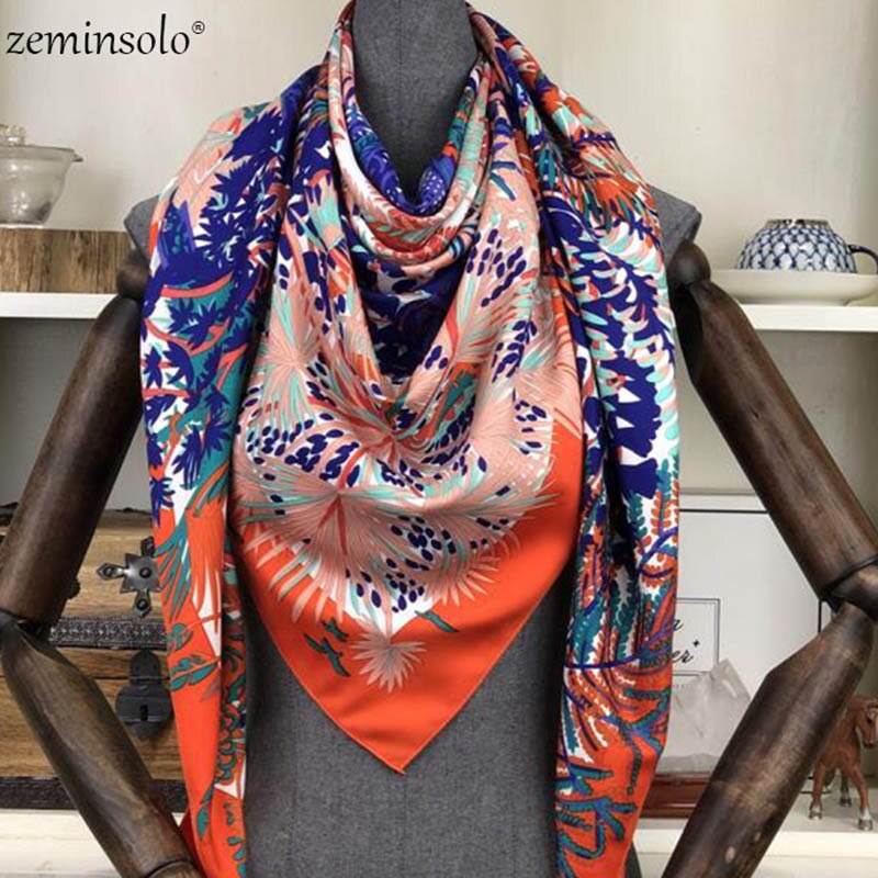 100% Twill Silk Square Scarf Women Scarves Shawls Floral Print Neckerchief 130*130cm Bandana Satin Female Foulard Scarf: Oranje