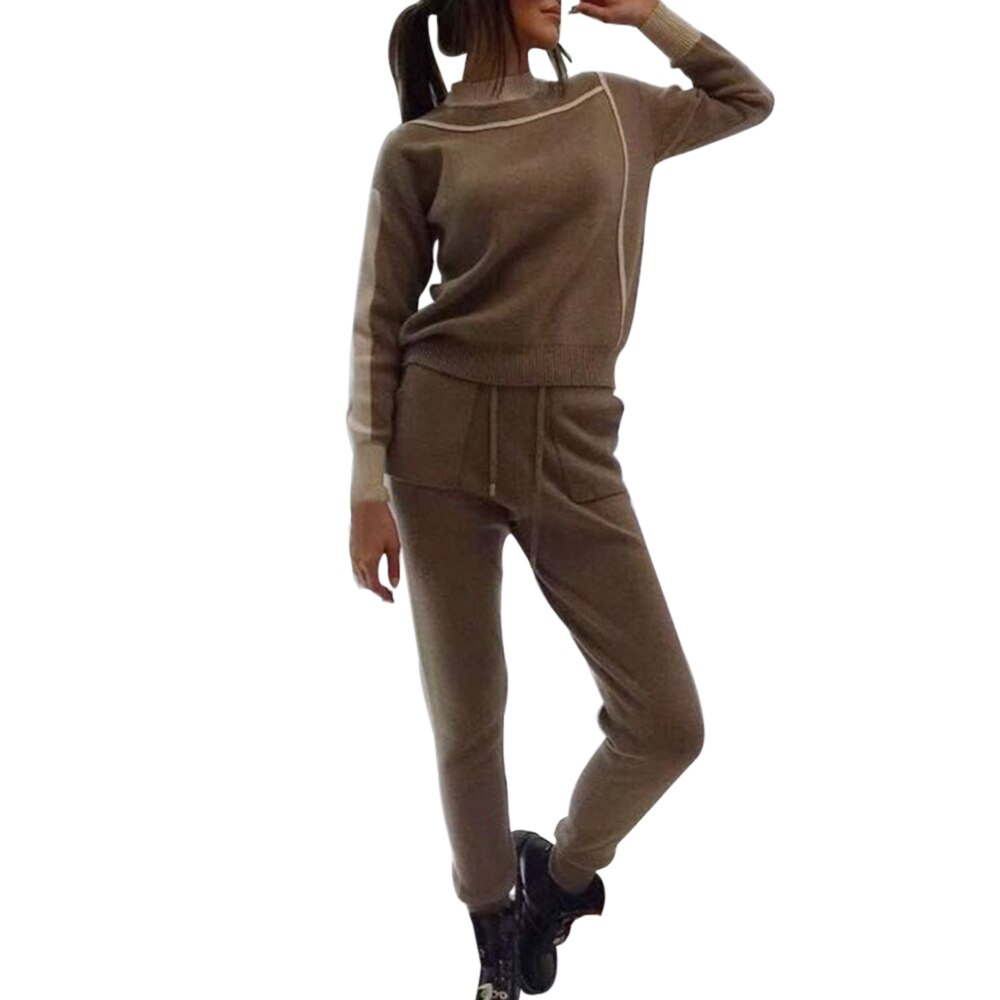 Loozykit 2 Stück setzt Sport einstellen Outfits Frau betroffen lässig Trainingsanzüge Crewneck zur Seite fahren + Kordelzug Elastische Hosen zur Seite fahren Anzüge: khaki B