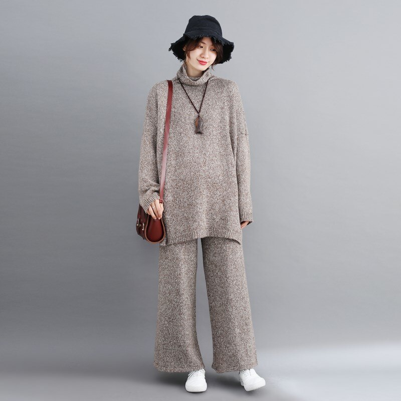 Plus Size Women 2 Pieces Pant Sets Casual Turtleneck Knitted Sweaters Pullovers And Wide Leg Pant Suits