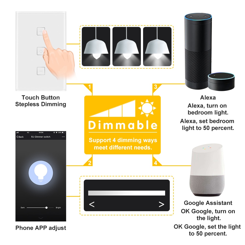 Dimmer 220v Wall Smart WiFi Touch Dimmer Switch 1 Gang 400W Wireless Light Switch Work With Alexa And Google Assistant