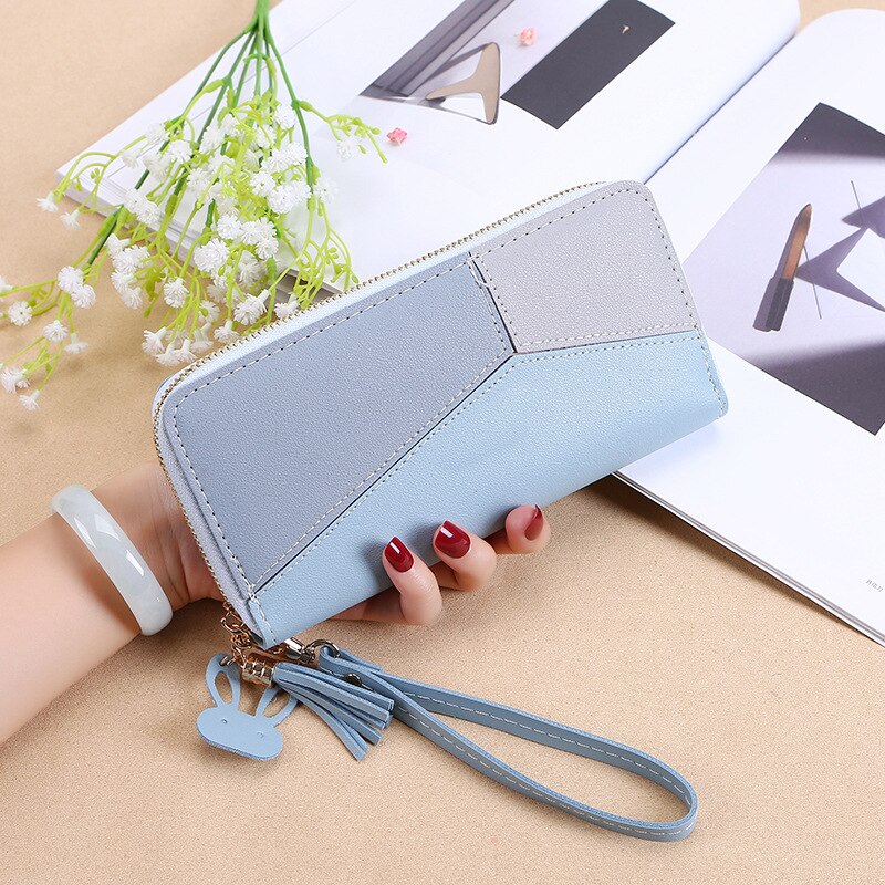 Style WOMEN'S Handbag Wallet Women's Long Korean-style Contrast Color Joint Zipper Tassels Large-Volume Wallet Mobile Phone: C079 74 Blue  Non Logo