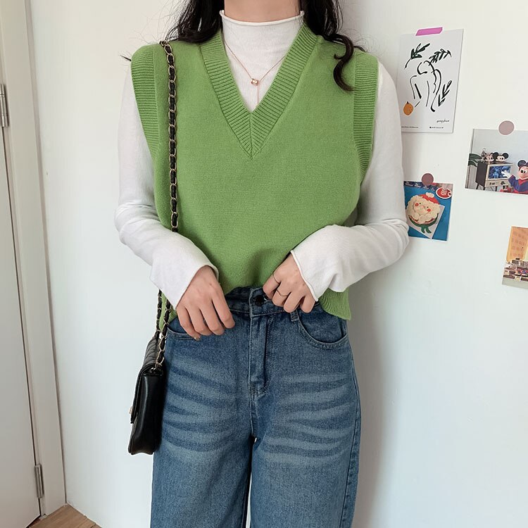 Sweater Vest Women V-neck Solid Knitted All-match Office Ladies Sleeveless Outwear Popular Soft Chic Leisure Korean: green