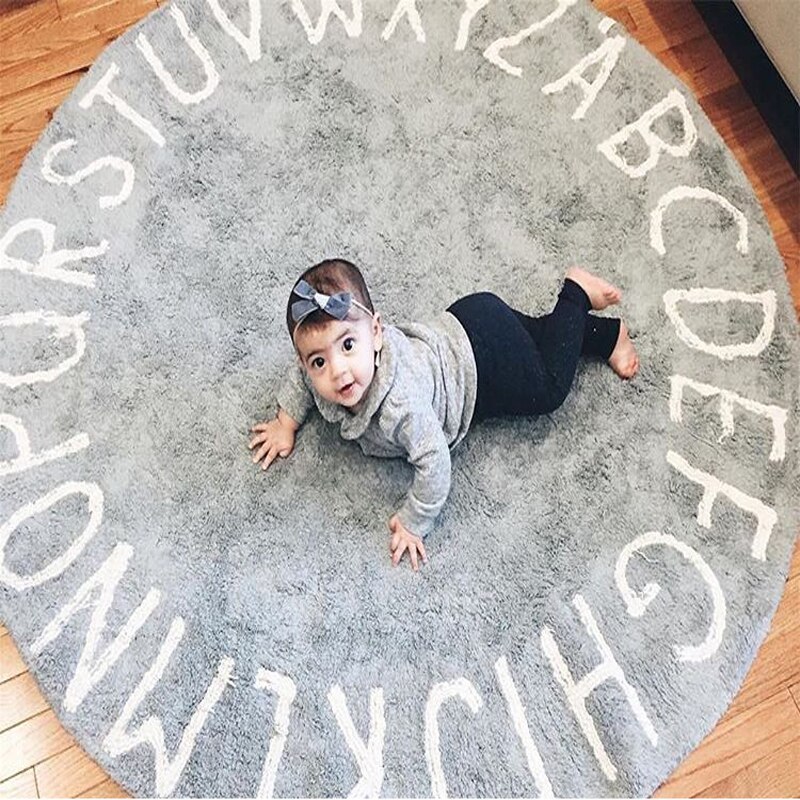 Tapis de jeu rond en peluche pour bébé, 1.2M, en coton, pour enfants, tente de tipi, maison de jeu éducative, Alphabet ABC: grey letter