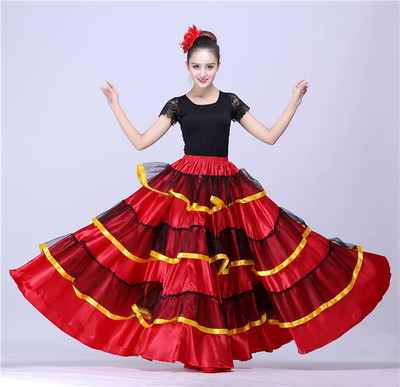 Girls Dance Costumes Red Black Satin Solid Spanish Flamenco Dress Lace up Ballroom Dance Performance Party Female Long Skirt: 720 degree
