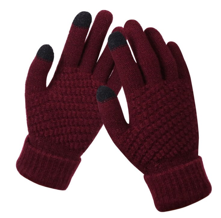 Rękawiczki do ekranu dotykowego damskie zimowe dzianiny pluszowe żakardowe zagęszczane antypoślizgowe ciepłe, kaszmirowe zimowe rękawiczki dla kobiet: Wine Red