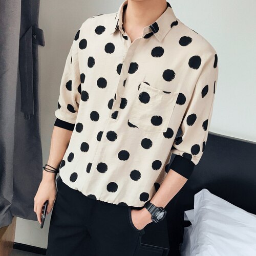 Camiseta de dibujo de lunares para hombre, de verano, informal, holgada, manga corta, enrolladas,: beige E03 / XXL